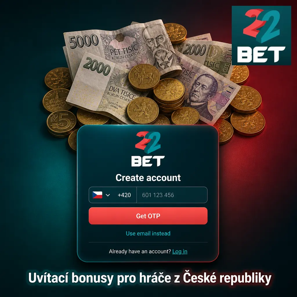 Uvítací bonusy 22Bet pro české hráče: sportovní bonus 3 000 Kč a casino balíček 36 300 Kč s 150 zatočeními zdarma.